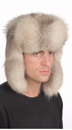 Grey fox fur hat Russian style, for men