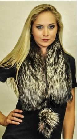 Silver fox  fur scarf  with pom poms