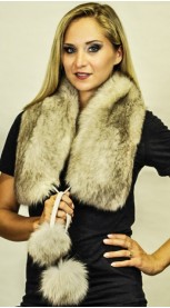 Fox fur scarf with pom poms -"grey-sapphire"