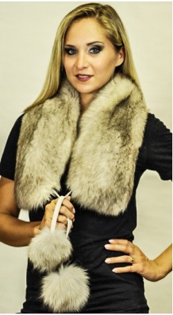 Fox fur scarf with pom poms -"grey-sapphire"